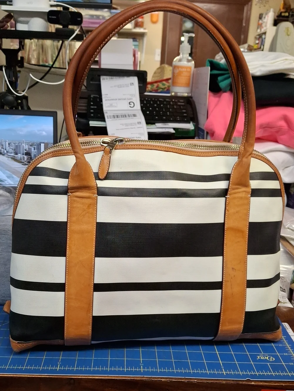 COACH Black & White Striped Tote with Tan Leather Trim Preloved
